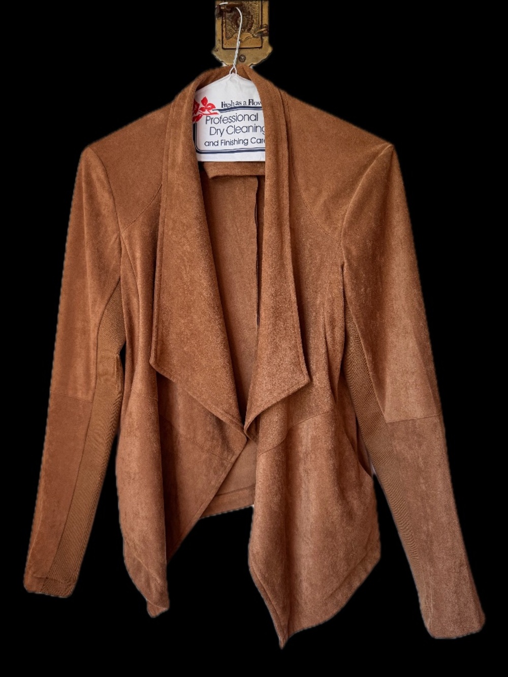 BB Dakota Faux Suede Draped Open Front Jacket Camel Brown